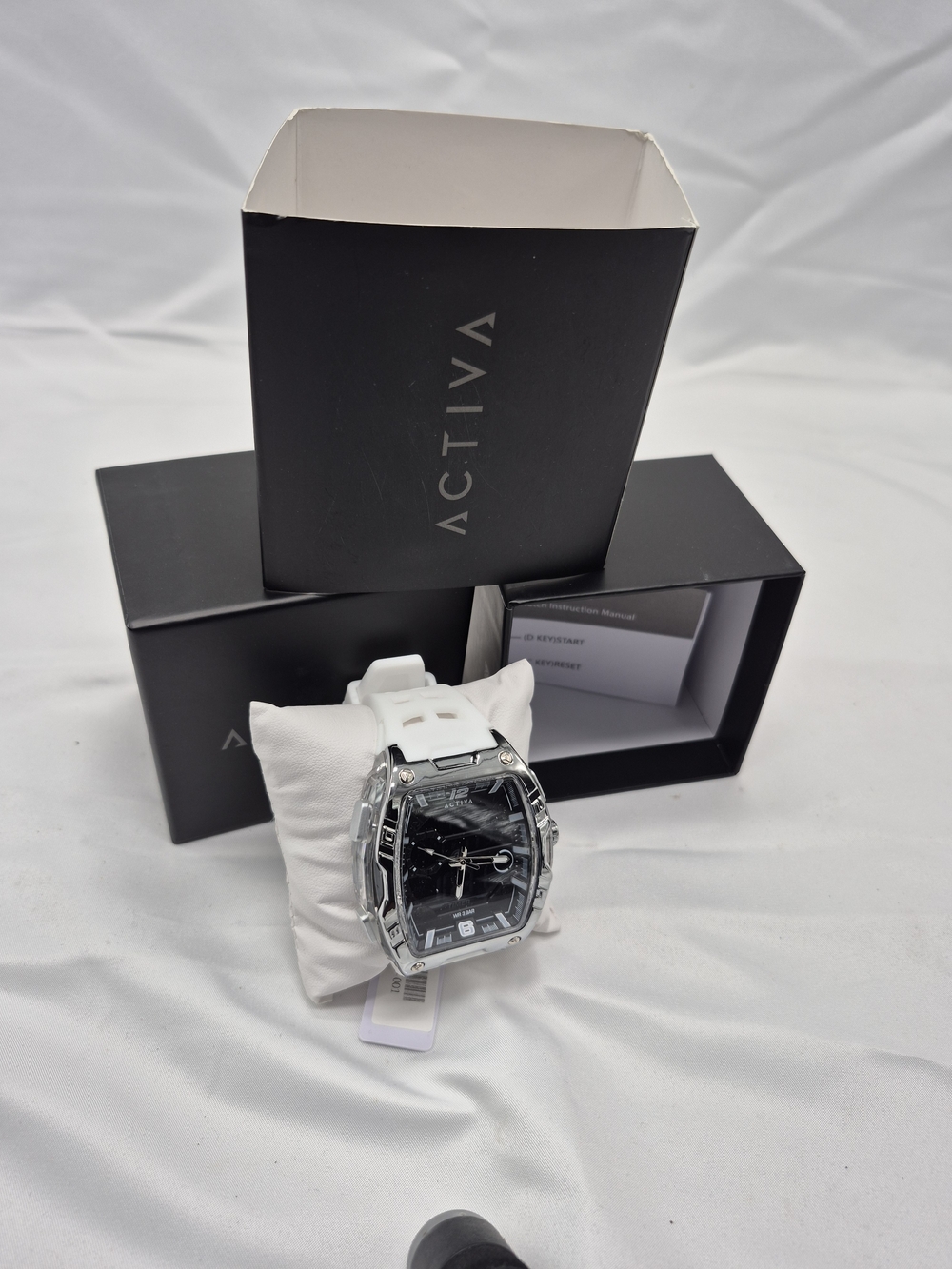 Activa Men's Black Dial Watch with White Silicone Strap